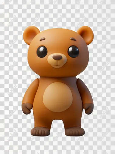 A 3D rendering of a cute brown bear cub is shown against a white background. It is depicted from the front. Standing pose, 3D, blind box, chibi The bear cub is bright brown with brown feet and paws. It has large, expressive eyes.