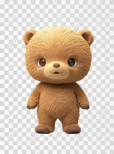 A 3D rendering of a cute brown bear cub is shown against a white background. It is depicted from the front. Standing pose, 3D, blind box, chibi The bear cub is bright brown with brown feet and paws. It has large, expressive eyes.