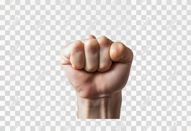 Photo of clenched fist, with white background.