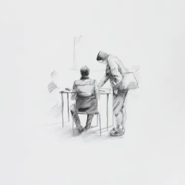 On a white background, a graphite pencil sketch-style scene showing a worker sitting at a table, while a passerby leans over to sign a contract. Full-body view from a distance, both figures clearly visible in the frame, realistic proportions, clean and minimal composition, subtle shading to create depth, sketch lines visible for an authentic hand-drawn look. --s 50