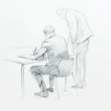On a white background, a graphite pencil sketch-style scene showing a worker sitting at a table, while a passerby leans over to sign a contract. Full-body view from a distance, both figures clearly visible in the frame, realistic proportions, clean and minimal composition, subtle shading to create depth, sketch lines visible for an authentic hand-drawn look. --s 50