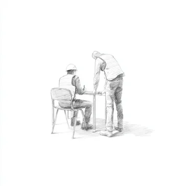 On a white background, a graphite pencil sketch-style scene showing a worker sitting at a table, while a passerby leans over to sign a contract. Full-body view from a distance, both figures clearly visible in the frame, realistic proportions, clean and minimal composition, subtle shading to create depth, sketch lines visible for an authentic hand-drawn look. --s 50
