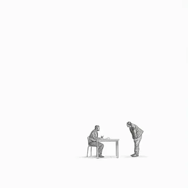 On a white background, a graphite pencil sketch-style scene showing a worker sitting at a table, while a passerby leans over to sign a contract. Full-body view from a distance, both figures clearly visible in the frame, realistic proportions, clean and minimal composition, subtle shading to create depth, sketch lines visible for an authentic hand-drawn look. --s 50