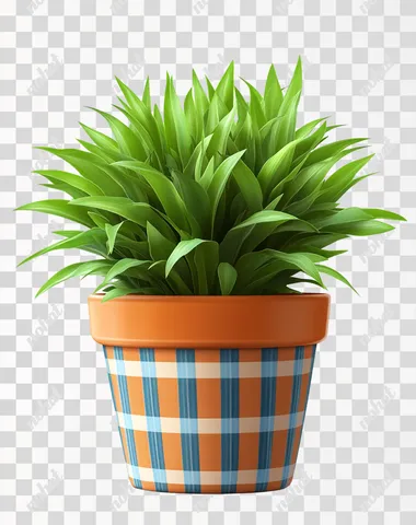 realistic photo Botanical Green plant in a orange and blue checkered pot, vector graphic isolated on a plain background, high-resolution photograph, professional photograph, highly detailed, no watermarks, clip art, vector graphics, high definition, white background, PNG format, white background, clip art. White background, PNG, PNG style, PNG quality, clip art, clip art, vector graphic, clip material, clip design, clip art, clip art, PNG, PNG.  --s 500