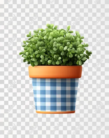 realistic photo Botanical Green plant in a orange and blue checkered pot, vector graphic isolated on a plain background, high-resolution photograph, professional photograph, highly detailed, no watermarks, clip art, vector graphics, high definition, white background, PNG format, white background, clip art. White background, PNG, PNG style, PNG quality, clip art, clip art, vector graphic, clip material, clip design, clip art, clip art, PNG, PNG.  --s 500