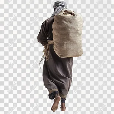 full-body photo of a Bedouin carrying a sack of malt, back view, on a white background --s 50