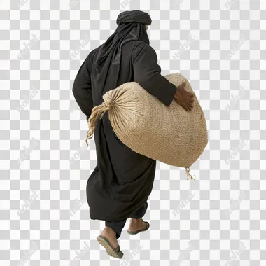 full-body photo of a Bedouin carrying a sack of malt, back view, on a white background --s 50