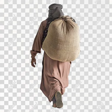 full-body photo of a Bedouin carrying a sack of malt, back view, on a white background --s 50
