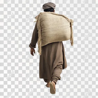 full-body photo of a Bedouin carrying a sack of malt, back view, on a white background --s 50