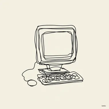minimalistic continuous line drawing of a computer, simple and elegant design, black and white, abstract illustration  rofile qansfvy