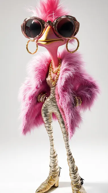 A highly detailed 3D-rendered image of an **ultra-stylish, comically fashionable chicken** with **unnaturally long, slim legs**, confidently strutting like a runway model. She wears **shiny golden leggings** that highlight her dramatic posture and a **pink fluffy fur coat**, slightly draped over her shoulders. Her eyes are hidden behind **oversized designer sunglasses**, and she accessorizes with a **gold chain necklace and hoop earrings**. Her **sleek feathers shimmer under soft lighting**, and she tilts her head playfully with an air of confidence. The **background is a clean white studio setup**, emphasizing her surreal proportions and bold fashion choices.