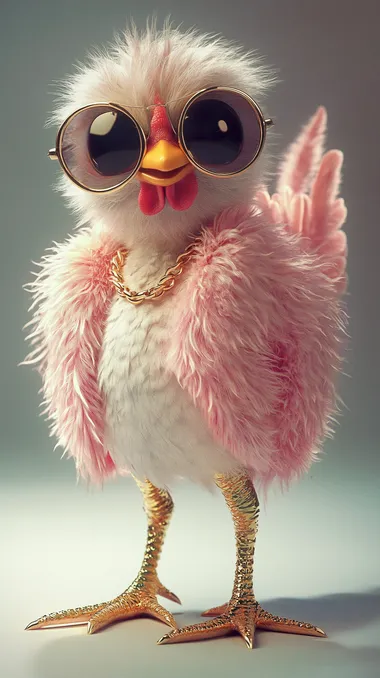 A highly detailed 3D-rendered image of an **ultra-stylish, comically fashionable chicken** with **unnaturally long, slim legs**, confidently strutting like a runway model. She wears **shiny golden leggings** that highlight her dramatic posture and a **pink fluffy fur coat**, slightly draped over her shoulders. Her eyes are hidden behind **oversized designer sunglasses**, and she accessorizes with a **gold chain necklace and hoop earrings**. Her **sleek feathers shimmer under soft lighting**, and she tilts her head playfully with an air of confidence. The **background is a clean white studio setup**, emphasizing her surreal proportions and bold fashion choices.