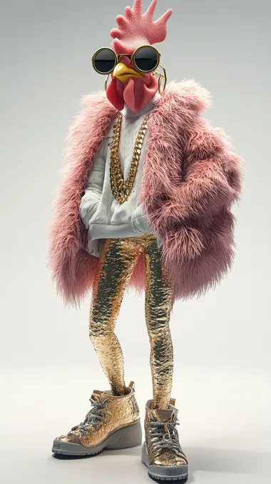 A highly detailed 3D-rendered image of an **ultra-stylish, comically fashionable chicken** with **unnaturally long, slim legs**, confidently strutting like a runway model. She wears **shiny golden leggings** that highlight her dramatic posture and a **pink fluffy fur coat**, slightly draped over her shoulders. Her eyes are hidden behind **oversized designer sunglasses**, and she accessorizes with a **gold chain necklace and hoop earrings**. Her **sleek feathers shimmer under soft lighting**, and she tilts her head playfully with an air of confidence. The **background is a clean white studio setup**, emphasizing her surreal proportions and bold fashion choices.