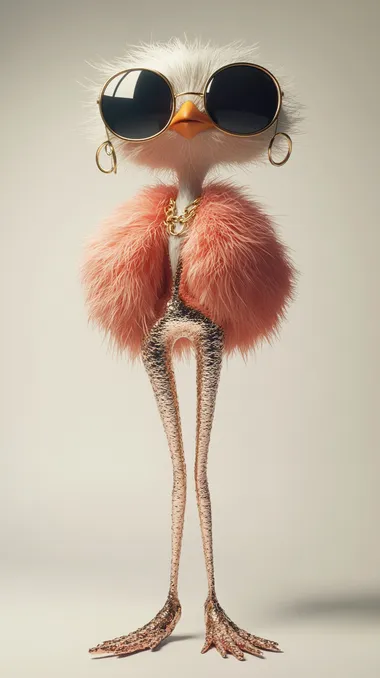 A highly detailed 3D-rendered image of an **ultra-stylish, comically fashionable chicken** with **unnaturally long, slim legs**, confidently strutting like a runway model. She wears **shiny golden leggings** that highlight her dramatic posture and a **pink fluffy fur coat**, slightly draped over her shoulders. Her eyes are hidden behind **oversized designer sunglasses**, and she accessorizes with a **gold chain necklace and hoop earrings**. Her **sleek feathers shimmer under soft lighting**, and she tilts her head playfully with an air of confidence. The **background is a clean white studio setup**, emphasizing her surreal proportions and bold fashion choices.