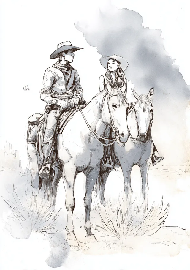 Young Cowboy and His Wife on Horseback in Desert