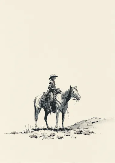 A young cowboy and his beautiful wife sit on their horse in the desert, in the style of Frank Miller. The artwork is an ink drawing with ink outlines, pencil sketching, soft colors, clean lines, ink washes, ink hatching, ink shading, and ink pastels on a white background. The details are simple and minimalist, with a monochrome color scheme.