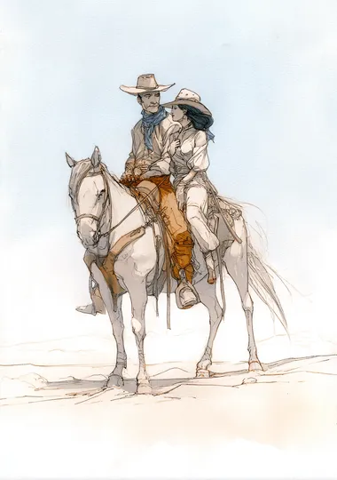 A young cowboy and his beautiful wife sit on their horse in the desert, in the style of Frank Miller. The artwork is an ink drawing with ink outlines, pencil sketching, soft colors, clean lines, ink washes, ink hatching, ink shading, and ink pastels on a white background. The details are simple and minimalist, with a monochrome color scheme.