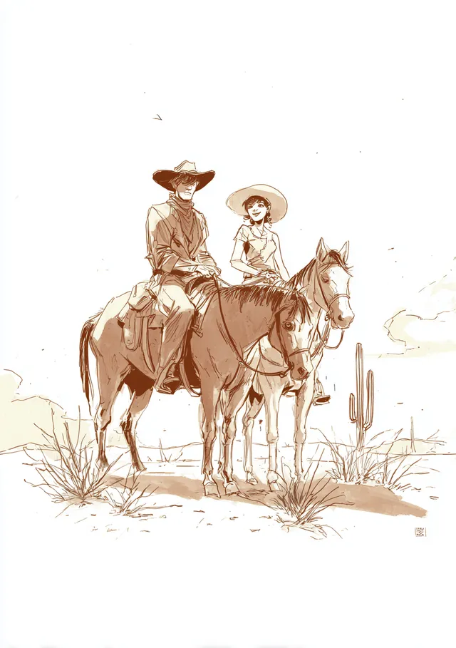 Young Cowboy and Wife in Desert Landscape