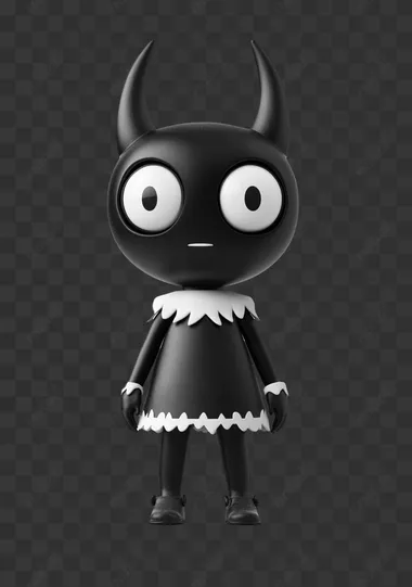 A cute little devil nested doll , in a black and white, 3D style, with a simple background, chibi character design, full-body shot, high resolution, in a cartoon style, simple drawing, on a white background, with high detail, an illustration, high contrast.