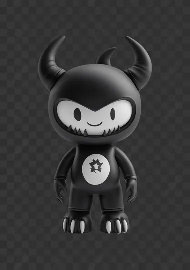 A cute little devil nested doll , in a black and white, 3D style, with a simple background, chibi character design, full-body shot, high resolution, in a cartoon style, simple drawing, on a white background, with high detail, an illustration, high contrast.