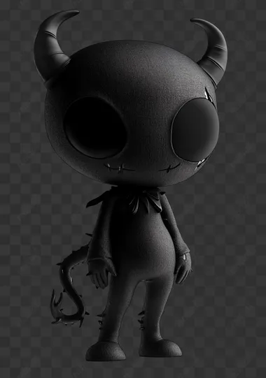 A cute little devil nested doll , in a black and white, 3D style, with a simple background, chibi character design, full-body shot, high resolution, in a cartoon style, simple drawing, on a white background, with high detail, an illustration, high contrast.