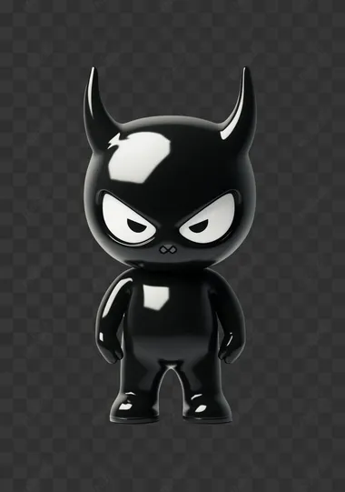 A cute little devil nested doll , in a black and white, 3D style, with a simple background, chibi character design, full-body shot, high resolution, in a cartoon style, simple drawing, on a white background, with high detail, an illustration, high contrast.