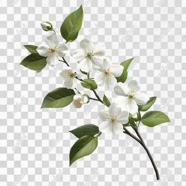 photorealistic branch of white flowers and leaves isolated on white background