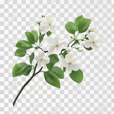 photorealistic branch of white flowers and leaves isolated on white background