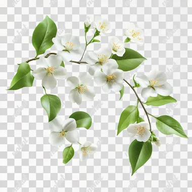 photorealistic branch of white flowers and leaves isolated on white background