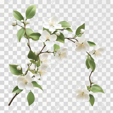 photorealistic branch of white flowers and leaves isolated on white background