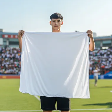 White smooth single-layer blanket, a little thin, the background is a lively football field, foreigners are holding the blanket to show, the blanket size is 127x152cm, people are higher than the blanket