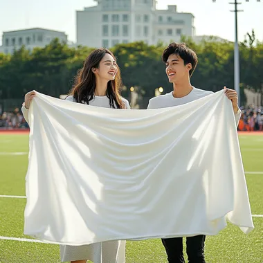 White smooth single-layer blanket, a little thin, the background is a lively football field, foreigners are holding the blanket to show, the blanket size is 127x152cm, people are higher than the blanket