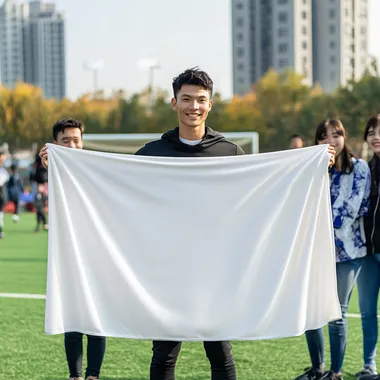 White smooth single-layer blanket, a little thin, the background is a lively football field, foreigners are holding the blanket to show, the blanket size is 127x152cm, people are higher than the blanket