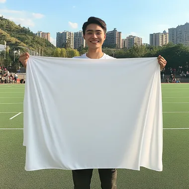White smooth single-layer blanket, a little thin, the background is a lively football field, foreigners are holding the blanket to show, the blanket size is 127x152cm, people are higher than the blanket