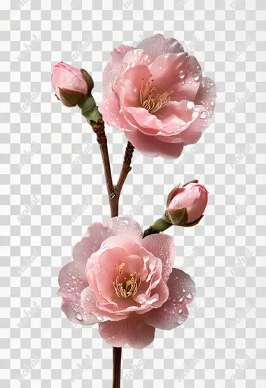 Ultra high definition picture quality: A rose pink plum blossom with three flowers blooming, two flower buds on one side branch, blooming with dewdrops, from top to bottom, the photography work is ultra realistic and ultra high definition$