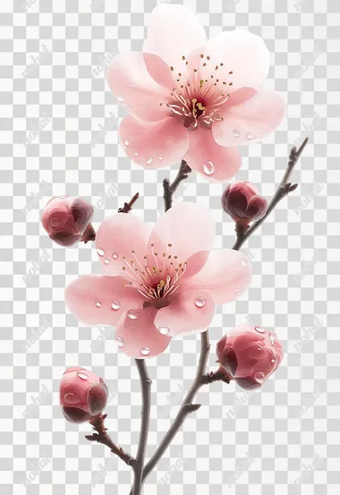 Ultra high definition picture quality: A rose pink plum blossom with three flowers blooming, two flower buds on one side branch, blooming with dewdrops, from top to bottom, the photography work is ultra realistic and ultra high definition$