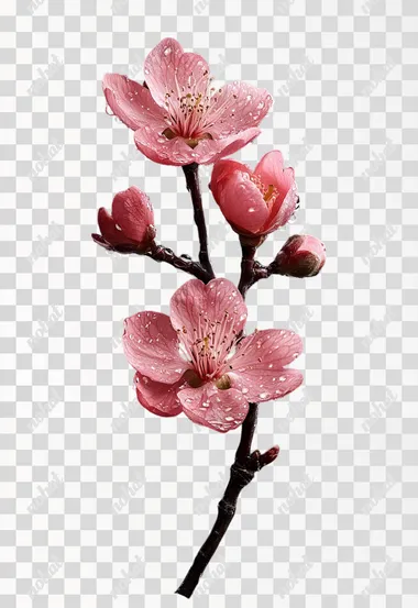 Ultra high definition picture quality: A rose pink plum blossom with three flowers blooming, two flower buds on one side branch, blooming with dewdrops, from top to bottom, the photography work is ultra realistic and ultra high definition$