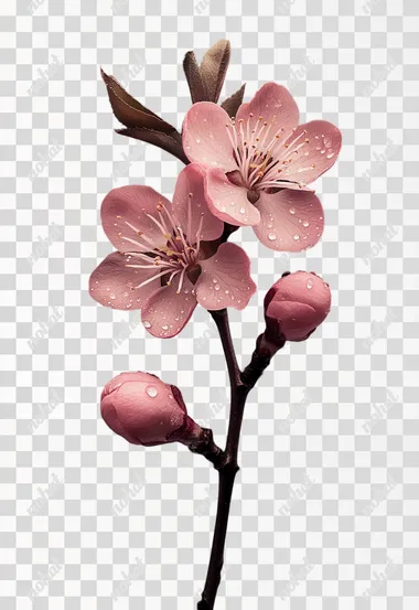 Ultra high definition picture quality: A rose pink plum blossom with three flowers blooming, two flower buds on one side branch, blooming with dewdrops, from top to bottom, the photography work is ultra realistic and ultra high definition$