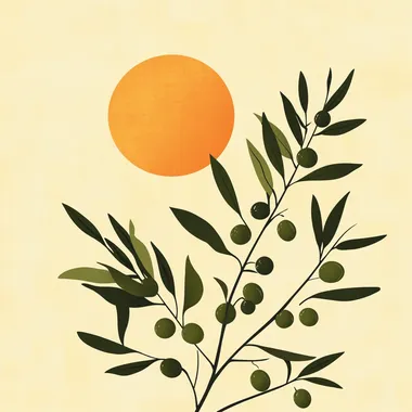 I want a sunrise wallpaper with a prominent sun and olive branches and green olives. Let this wallpaper be minimalist and like an illustration drawing. Let it be in a cinematic form.
