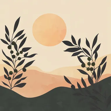 I want a sunrise wallpaper with a prominent sun and olive branches and green olives. Let this wallpaper be minimalist and like an illustration drawing. Let it be in a cinematic form.