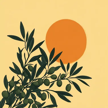 I want a sunrise wallpaper with a prominent sun and olive branches and green olives. Let this wallpaper be minimalist and like an illustration drawing. Let it be in a cinematic form.