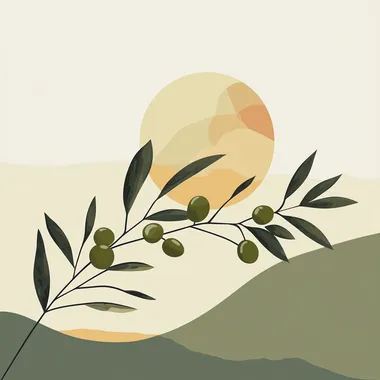 I want a sunrise wallpaper with a prominent sun and olive branches and green olives. Let this wallpaper be minimalist and like an illustration drawing. Let it be in a cinematic form.