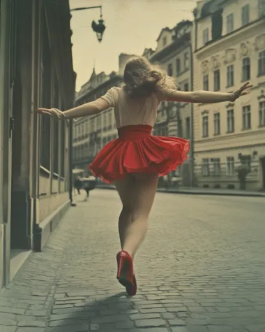 a vintage color photograph of a woman dancing in the heels, 1980, in Prague