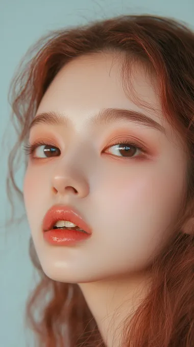 Close-up portrait of Chinese model, burgundy roots blending into rose gold mid-lengths, silky pink-tipped Korean waves, soft ring lighting reflecting hair gloss, minimal makeup with gradient lip, solid pastel background, professional hairstyle portfolio