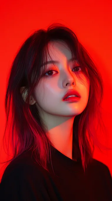Close-up portrait of Chinese model, burgundy roots blending into rose gold mid-lengths, silky pink-tipped Korean waves, soft ring lighting reflecting hair gloss, minimal makeup with gradient lip, solid pastel background, professional hairstyle portfolio