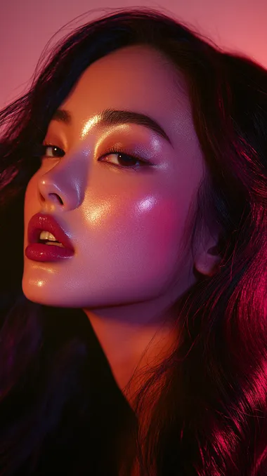 Close-up portrait of Chinese model, burgundy roots blending into rose gold mid-lengths, silky pink-tipped Korean waves, soft ring lighting reflecting hair gloss, minimal makeup with gradient lip, solid pastel background, professional hairstyle portfolio