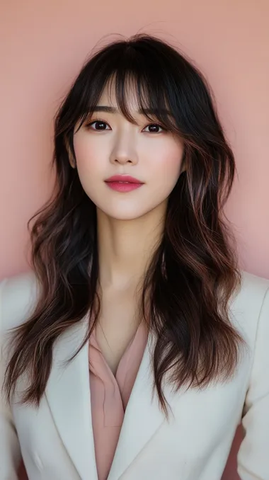 Close-up portrait of Chinese model, burgundy roots blending into rose gold mid-lengths, silky pink-tipped Korean waves, soft ring lighting reflecting hair gloss, minimal makeup with gradient lip, solid pastel background, professional hairstyle portfolio