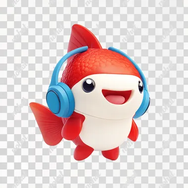 A cute cartoon avatar of red and white fish wearing blue earphones, with simple lines and shapes forming the character's body. The background is pure white, with no other elements present. It has an adorable expression on its face, as if it were laughing or listening intently to what someone was saying in front of it. Focus on the face.