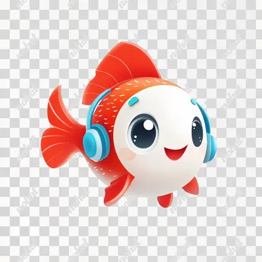 A cute cartoon avatar of red and white fish wearing blue earphones, with simple lines and shapes forming the character's body. The background is pure white, with no other elements present. It has an adorable expression on its face, as if it were laughing or listening intently to what someone was saying in front of it. Focus on the face.