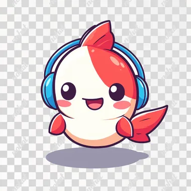 A cute cartoon avatar of red and white fish wearing blue earphones, with simple lines and shapes forming the character's body. The background is pure white, with no other elements present. It has an adorable expression on its face, as if it were laughing or listening intently to what someone was saying in front of it. Focus on the face.